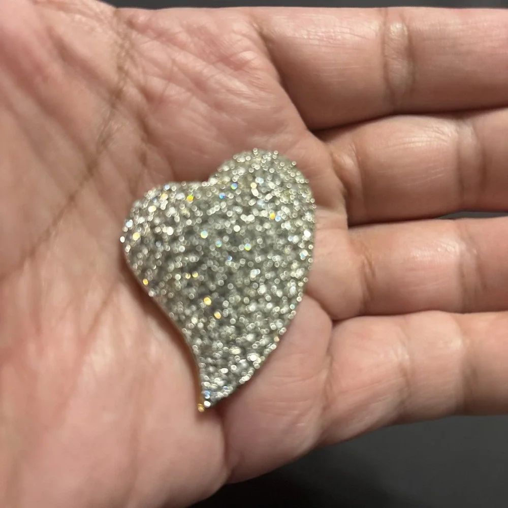Sparkling Stylized Vintage Heart Pin Brooch Pave With White Rhinestones,  1 1/2